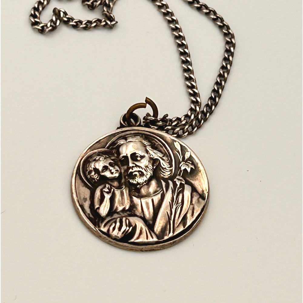 VTG Creed Sterling Silver Saint Joseph‎ & Child Jesus Religious Necklace 24"